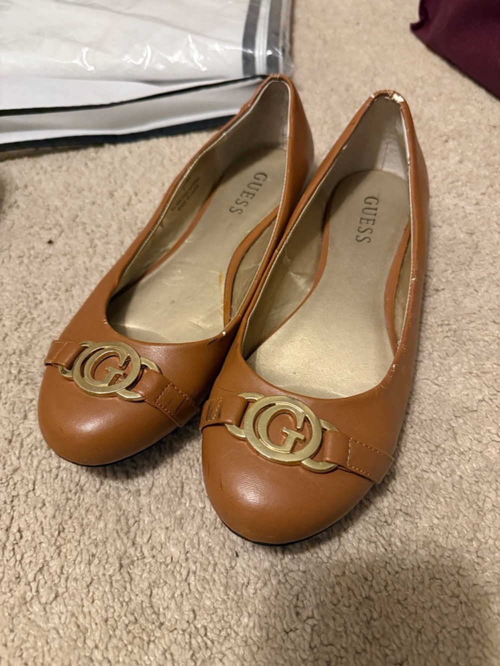 GUESS Cognac Leather Ballet Flats with Gold Logo
